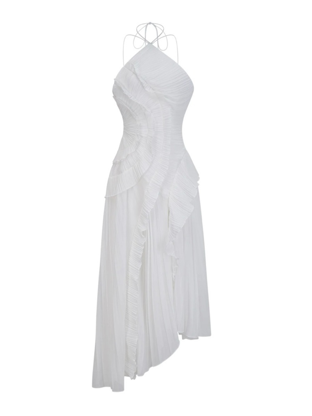 One-Shoulder White Ruffle Pleated Evening Dress